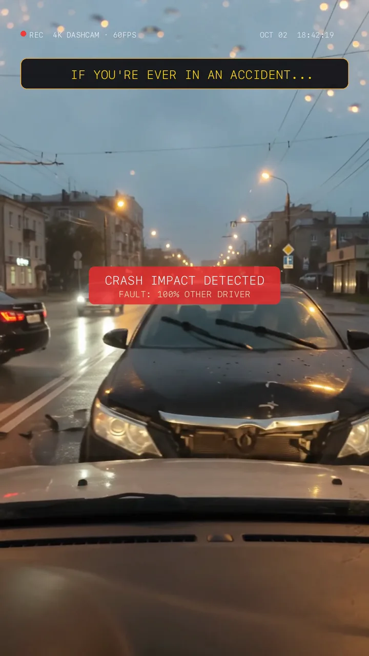 Dashcam in the rain: a car cuts across, and the screen reads Crash impact detected.