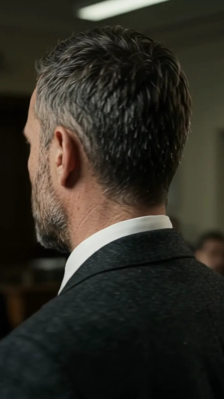 In a courtroom he turns his head away from the camera.