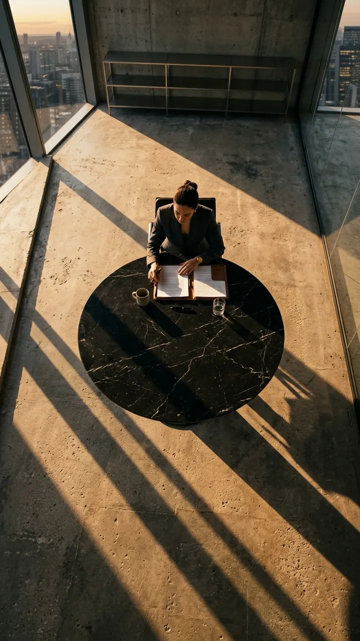 A round marble table in hard sun, from directly above.