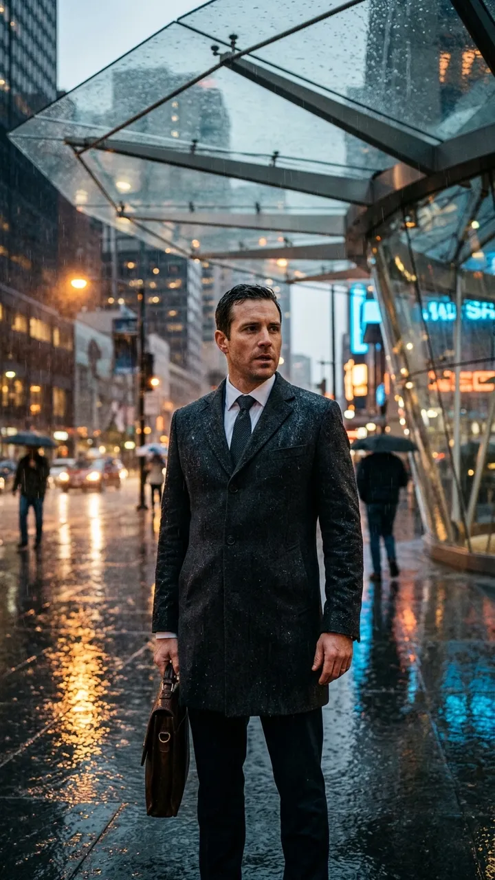 An attorney walks out of the rain toward camera.